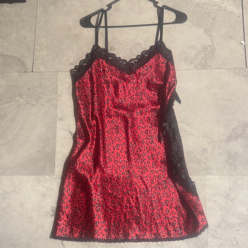 Vintage Red & Black leopard Lace Chemise Satin mini dress Small- Large - Picture 2 of 4